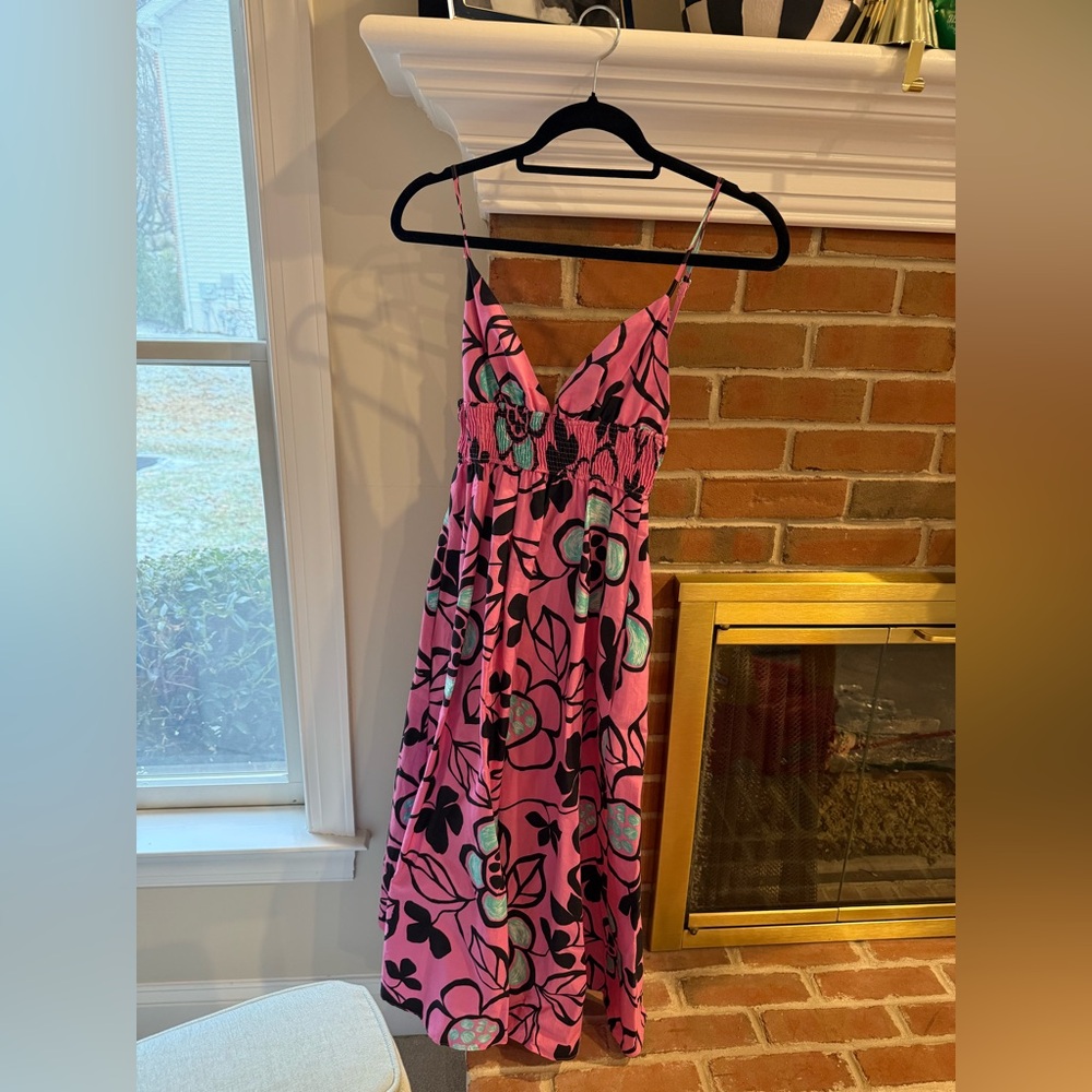 Zara Pink Black Floral Poplin midi dress size small